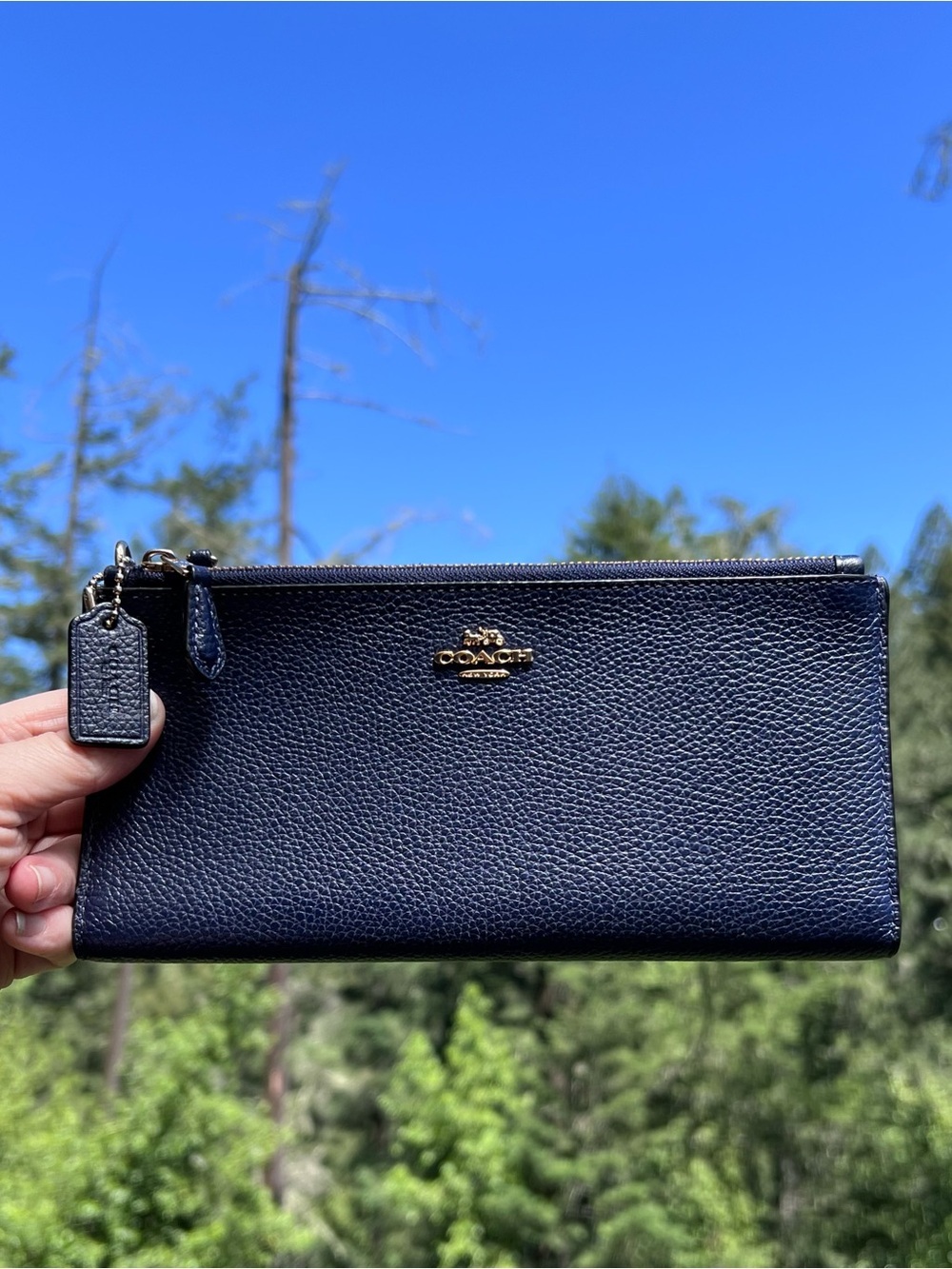 Coach Double Zip Phone Wallet Blue Pebble Leather w Gold Hardware AUTHENTIC